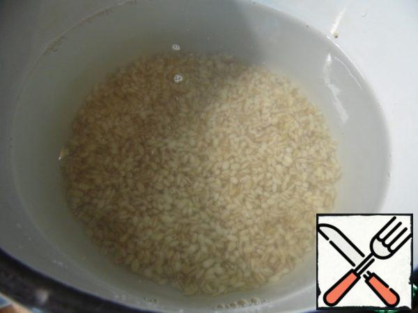 Pearl barley wash, cover with cold water, bring to boil, remove the foam, cook on medium heat for 40 minutes.