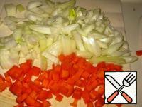 Onions, carrots, celery peel and cut into cubes.