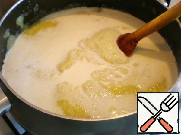 In the pot with the vegetables, add the hot cream and broth to desired consistency, warmed, stirring occasionally. That's all.