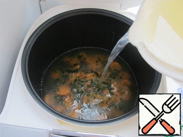 The carrots, onion, pour broth. Put the mode "soup".