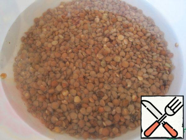 Beef broth, prepared in advance. Soak the lentils in cold water for 30 minutes.
