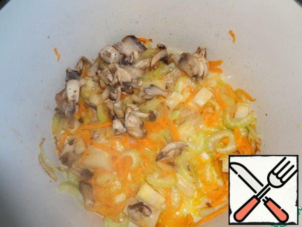 Heat the olive oil in a saucepan. We fry onion. Add grated on a coarse grater carrots, garlic, mushrooms and celery.