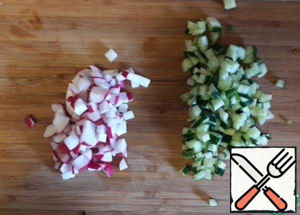 Small cubes, chop the radishes and cucumber.