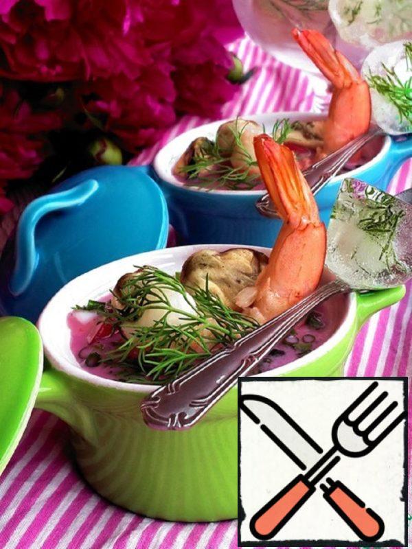 Okroshka Soup with Seafood in a Beet Juice Recipe