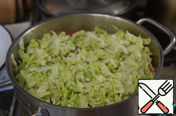 Bring to a boil, add beans and cabbage, cut into noodles. Add salt and cook for 10 minutes.

