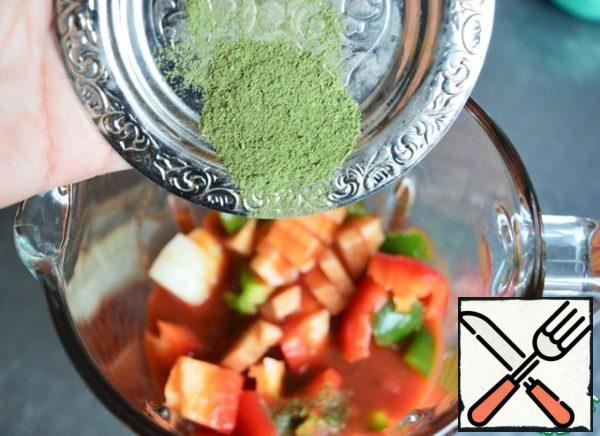 Put it in a blender and pour tomato juice.
In the original, you need to add fresh basil and mint.