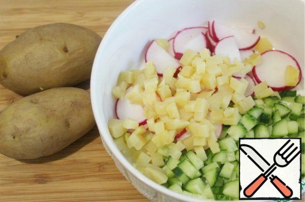 Cut potatoes into small cubes and put in lettuce.