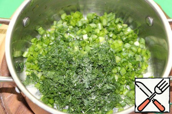 Finely chop the onion and dill, add a generous handful of coarse rock salt.
