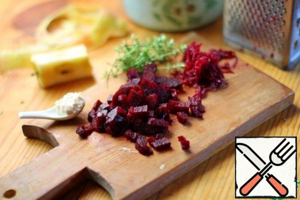 Grate a third of the beetroot, and cut the rest into cubes.
