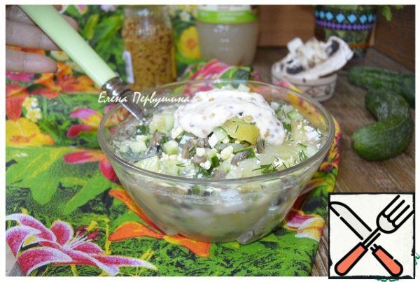 Pour the okroshka on plates. Serve with sauce.