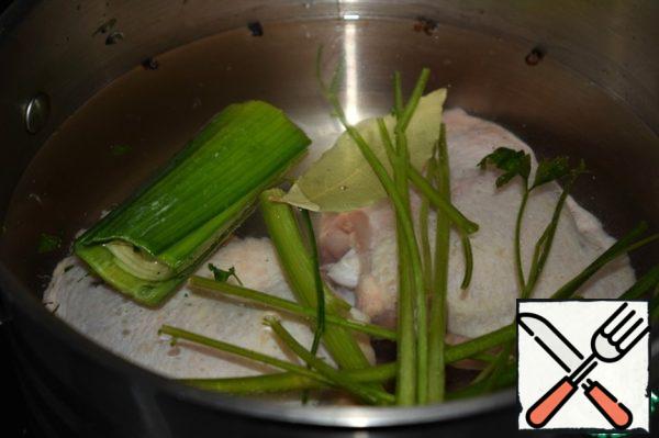 Cook chicken broth using your favorite spices-seasonings. (Bay leaf, pepper, dill, parsley root, salt.)
