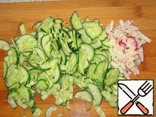 Cucumbers and radishes to chop thin straws. Add to the pot.