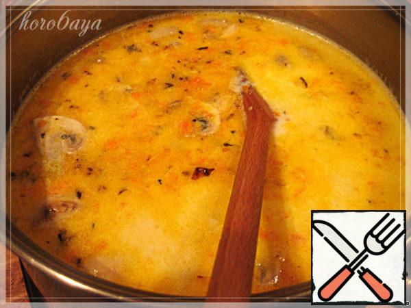 Add the roasting to the soup and cook until the potatoes are ready. And at the very end, add the melted cheese to the soup, stirring until it dissolves. I cooked a little after the soup was ready to make it a little thicker.
