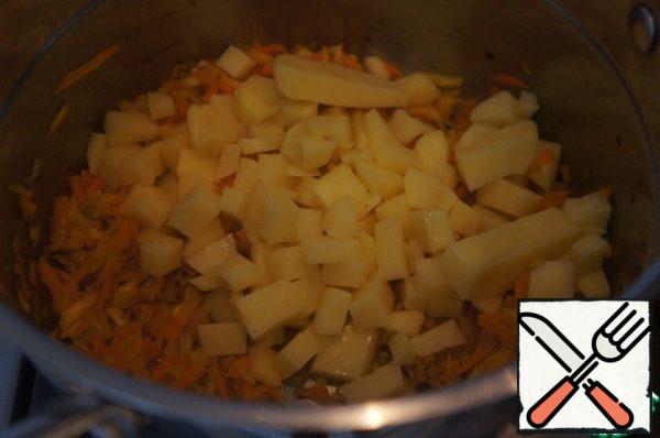 Add potatoes and pour in the boiling water so that it slightly covered up the vegetables. Bring to a boil, add salt and cook on low heat for 3-4 minutes.