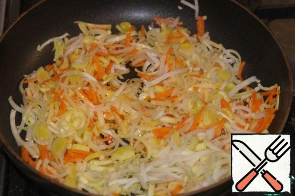 Carrots and celery fry until soft for 5 minutes. Add leeks and sauté for 1 more minute.