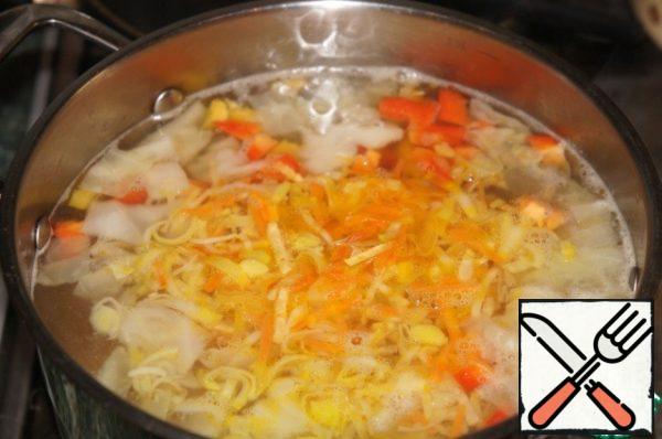 Add the bell pepper and roasting, bring to a boil again, reduce the heat and cook for 10 minutes.
