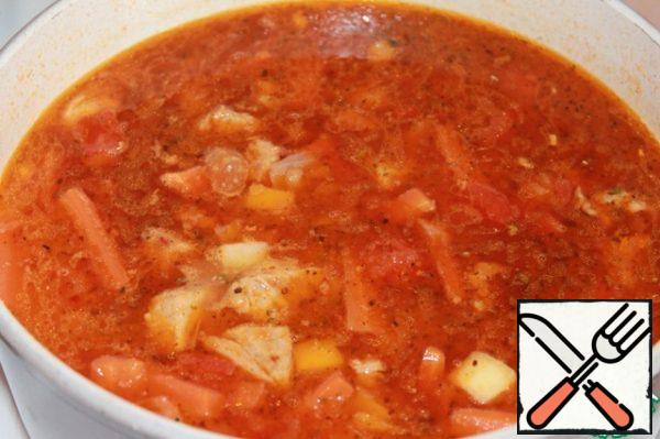 Then add the chopped potatoes. Add water - enough to make a thick soup.
Add the seasoning. All together on low heat cook until the potatoes are done, about 25 minutes.
Add tomato paste at the end.