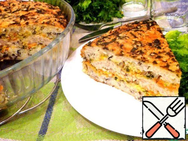 Bake the dish in a preheated 200 degree oven for about an hour.
Allow the finished casserole to cool slightly so that it does not crumble when sliced.
