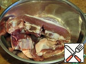 Pork ribs wash and cut between bones.