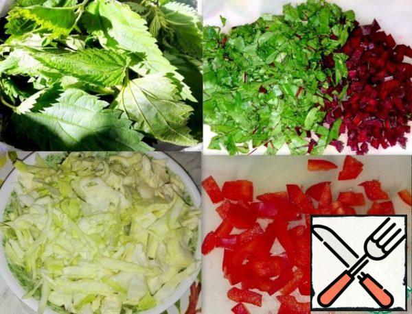 Chopped nettles, beet tops, cabbage and sliced
Bulgarian pepper.

