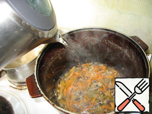 Pour boiling water as the borscht. Let it boil.
