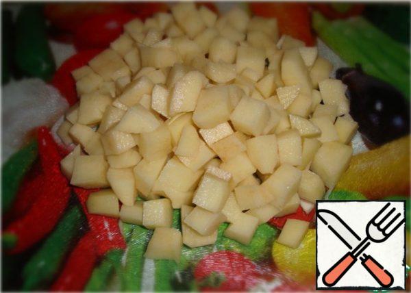 While stew vegetables, peel potatoes, cut into cubes and throw in boiling water (I have chicken broth)