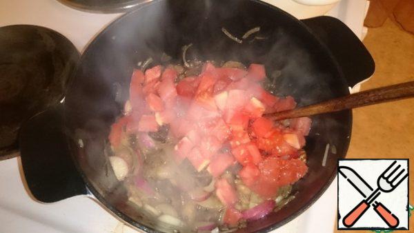 After salt and add a spoon of tomato paste, mix everything and spread the tomatoes, stir and fry a little.
Then add the Peking cabbage, hot pepper and fry for a couple of minutes, then the bell peppers, celery and beans, stir and fry for a couple of minutes.