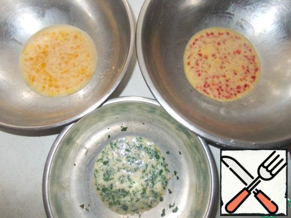 Beat an egg into each filling, mix well with a fork until smooth. Add salt and pepper to taste.
