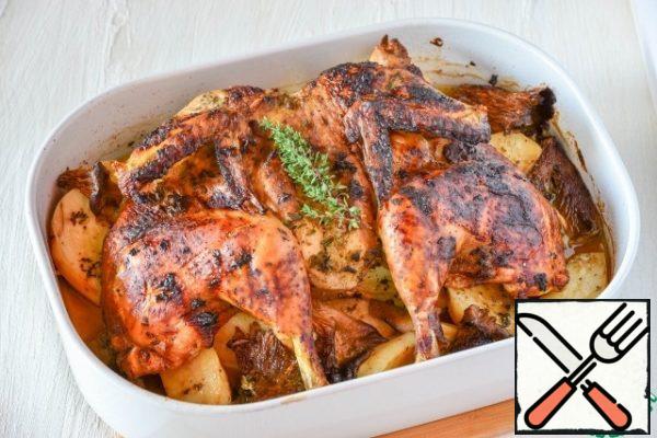 Bake in a preheated 200 degree oven for about an hour. Focus on your oven. If the chicken starts to glow prematurely, cover with foil. If the chicken is bigger, it will take more time.