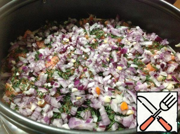The next layer is finely chopped red onion.