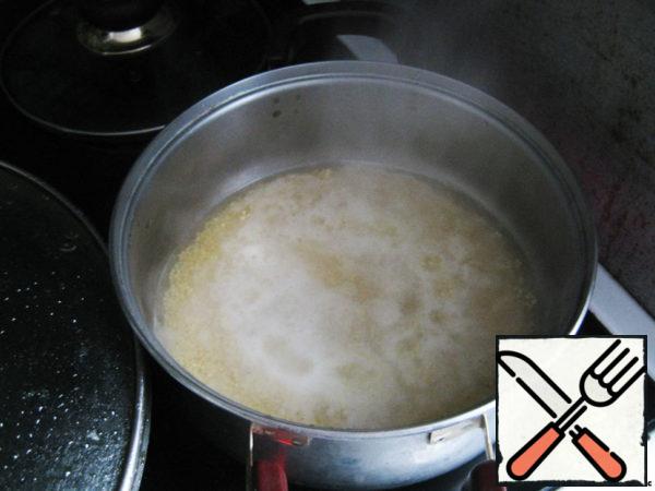 In general, it is better to prepare chops from the millet porridge already cooked in advance. But not having this, take the millet, pour water, bring to a boil and cook on low heat for 10-12 minutes, then salt, add milk and continue to cook until ready.