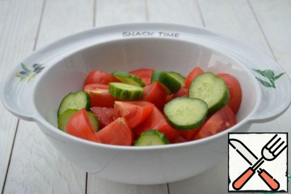 Cucumbers and tomatoes cut quite large.
