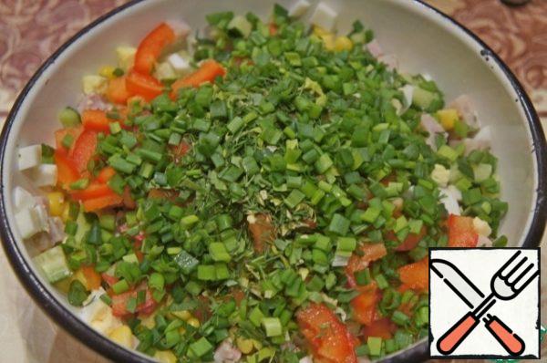 Complete all finely chopped herbs and green onions.