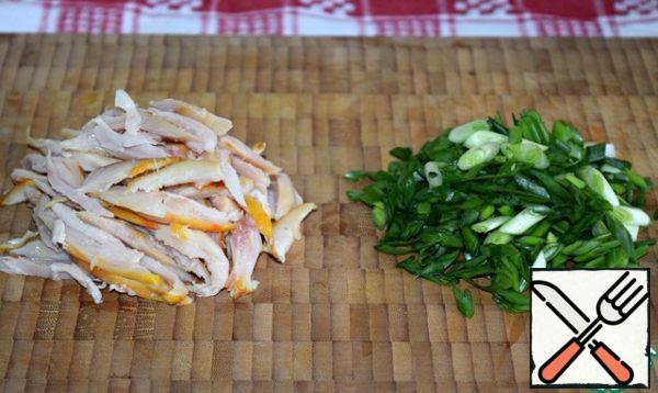 Finely chop the onion.
Chicken (I cooked from smoked chicken breast) cut into strips or disassemble into fibers.
