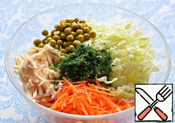 Put in a large salad bowl chopped vegetables, chicken, chopped dill and canned peas.