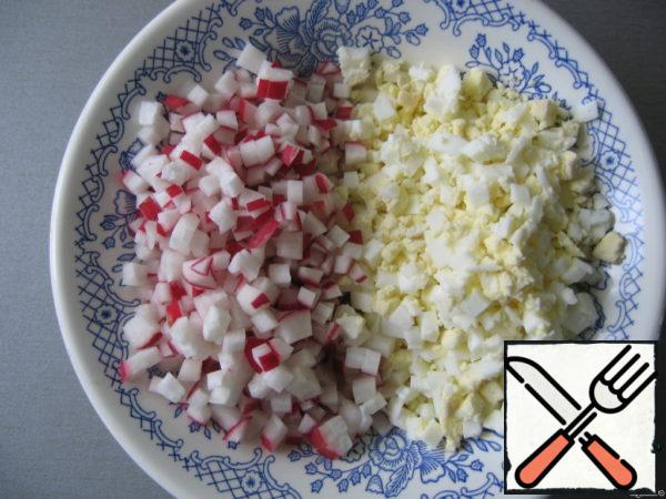 Radish and eggs cut into small cubes.