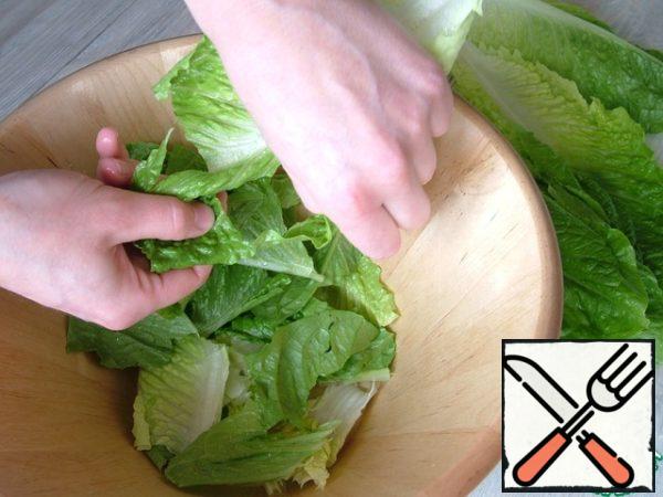 Wash lettuce leaves, dry and break into large pieces.