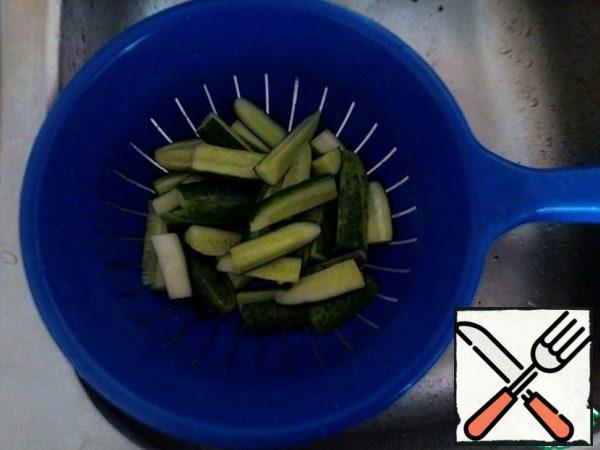 Our cucumbers let the juice, pour out and rinse from salt.
