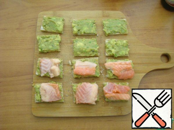 Cut them into rectangles. 6 pieces. Lay the fish on top.