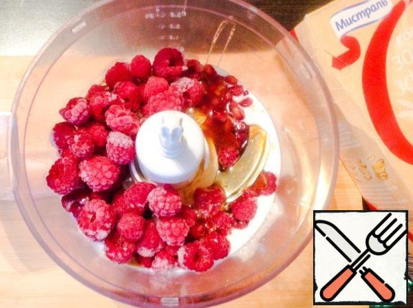 In a blender add the cereal, yogurt, raspberries (if raspberries are frozen, not thawed), pomegranate seeds, peanut butter. Add honey to taste. I added 2 tablespoons.