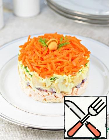 To assemble the salad using a serving ring, as follows:
-Turkey;
- onion, mayonnaise (or sour cream);
- mushrooms, mayonnaise;
-cheese;
- greens, mayonnaise;
-Korean carrot.
Or put the salad in layers in a large salad bowl.
You're done!