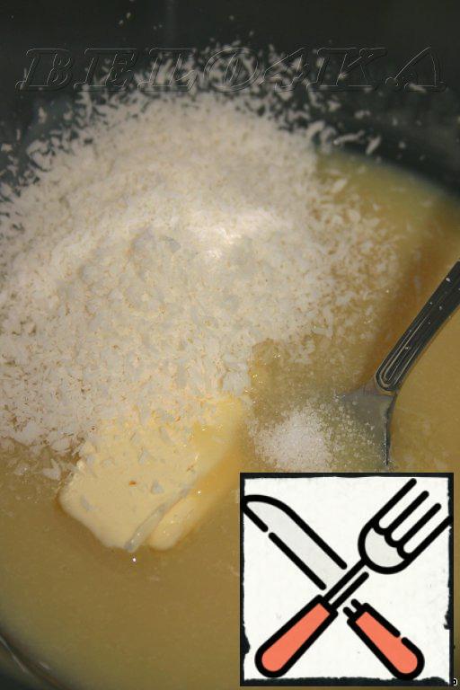 Cool to room temperature, add 15-20g of coconut, a pinch of salt and put a piece of butter. (A piece of small, the size of the one you would put in a plate of milk porridge.)
Mix and send to the cold. Cool down should well, very well, this is important!!!