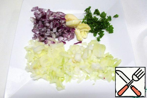 Onions (1 large onions, 2 small red) and finely chop parsley, garlic (3 cloves) crush using the side of the knife.