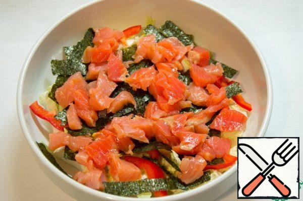 Salmon and avocado. Sorry, avocado was late for the shoot and joined later))
