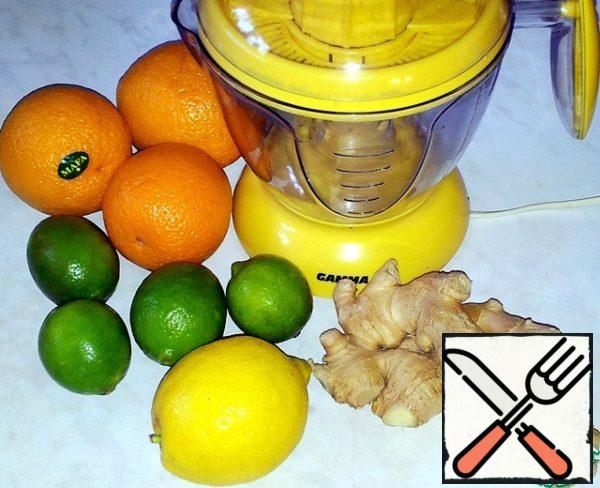 Ingredients - orange, lime, lemon, ginger. (The weight of the specified ingredients in unpeeled fruits ).
