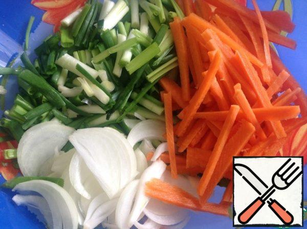Carrots cut into strips, onion, green onions cut into feathers about 5 cm.