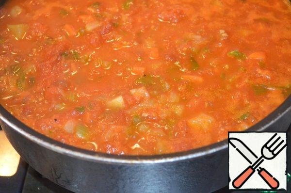With tomatoes remove the skin either using a serrated peelers, or dropping them in hot water for a minute. Peeled tomatoes chop and add to vegetables. 1/3 bunch Basil finely chop and add to a saucepan. Simmer all vegetables for 20-25 minutes on low heat.