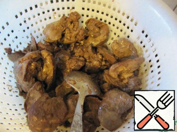 Liver slowly fry on chicken or duck fat (can be on vegetable oil). Add salt and pepper. Cut into small pieces.