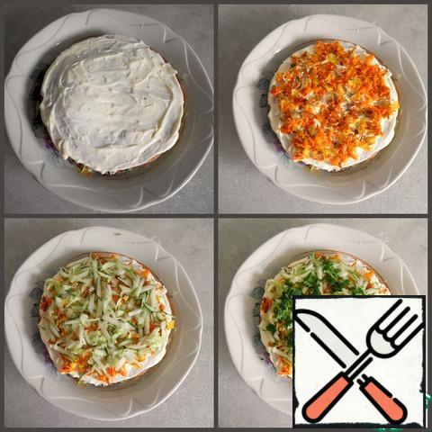 Each pancake grease with mayonnaise and garlic, then put a thin layer of carrots with onions and fresh cucumber, sprinkle with parsley. So these would go with every a pancake (layer by layer).