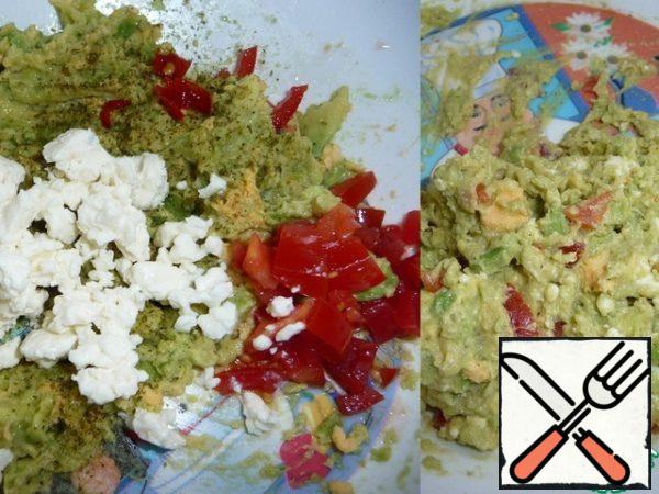 Crumble feta cheese. Mix everything together. Add salt to taste.

